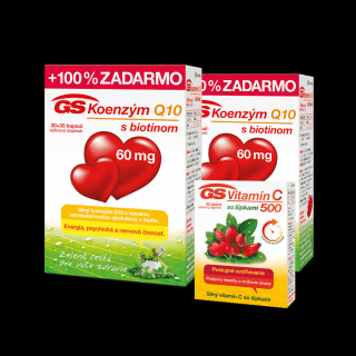 GS Koenzým Q10, 60mg, 2 x 60 kapsúl + GS Vitamín C 500 so šípkami, 30 tabliet