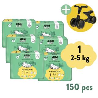 Muumi Baby 1 Newborn 2-5 kg (150 ks), 2-mesačné balenie eko plienok + Zopa Easy-Way Race odrážadlo ZADARMO