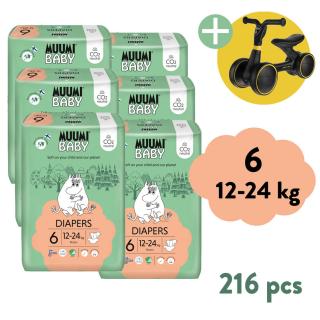 Muumi Baby 6 Junior 12-24 kg (216 ks), 2-mesačné balenie eko plienok + Zopa Easy-Way Race odrážadlo ZADARMO