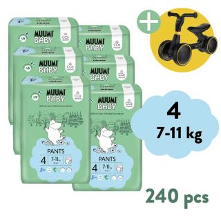 Muumi Baby Pants 4 Maxi 7-11 kg (240 ks), 2-mesačné balenie nohavičkových eko plienok + Zopa Easy-Way Race odrážadlo ZADARMO