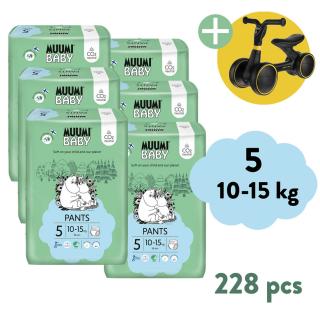 Muumi Baby Pants 5 Maxi+ 10-15 kg (228 ks), 2-mesačné balenie nohavičkových eko plienok + Zopa Easy-Way Race odrážadlo ZADARMO