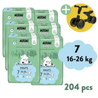 Muumi Baby Pants 7 XL 16-26 kg (204 ks), 2-mesačné balenie nohavičkových eko plienok + Zopa Easy-Way Race odrážadlo ZADARMO