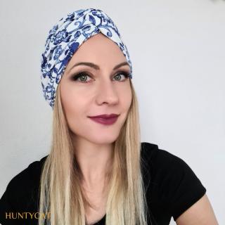 Dámsky turban Modrý ornament na bielom