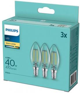 Žiarovka Philips LED / 3 kusy / tvar sviečky / ekvivalent 40 W žiarovky / teplá biela / 4,3 W / E14 / 470 lm / uhol vyžarovania 300° / transparentná