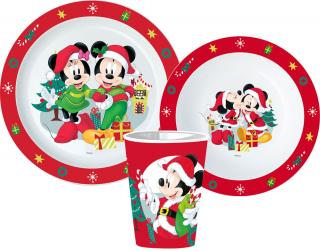 Vianočný riad Disney Minnie a Mickey, mikro plastový set, s pohárom 260 ml