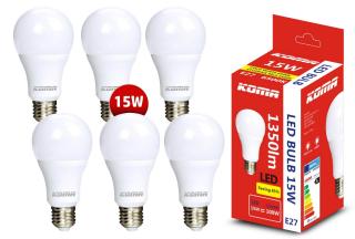 Sada 6ks LED žiaroviek KOMA E27 15W, 230V, 1350lm, 20000h, 6500K studená biela