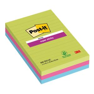 Bloček Post-it Super Sticky 101 mm x 152 mm XXL, dúhové farby, linajkové, 3 bločky po 90 lístkov