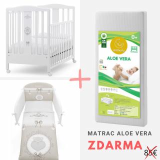 Italbaby detská postieľka so spúšťacím bokom Baby Chic s komplet výbavou biela/béžová + matrac ZDARMA