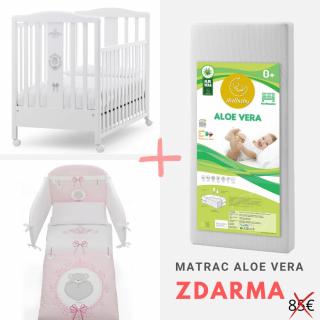 Italbaby detská postieľka so spúšťacím bokom Baby Chic s komplet výbavou biela/ružová + matrac ZDARMA