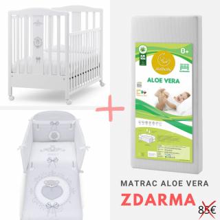 Italbaby detská postieľka so spúšťacím bokom Baby Chic s komplet výbavou biela/šedá + matrac ZDARMA