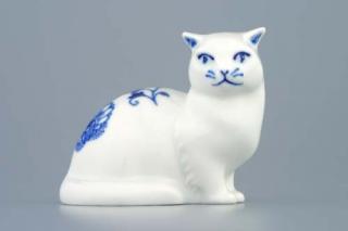 Cibulák Kočka sedící 8 cm originální cibulákový porcelán Dubí , cibulový vzor,