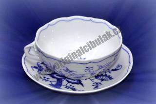 Cibulák šálek + podšálek bujón s 1 ouškem 0,30 l originální cibulákový porcelán Dubí, cibulový vzor,