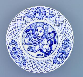 Cibulák Talíř výroční 2004 závěsný reliéfní 18 cm , originální cibulákový porcelán Dubí , cibulový vzor,