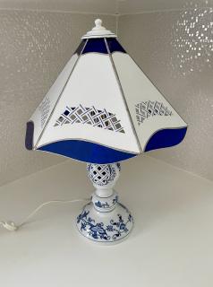 Lampa cibulák prolamovaná se stínítkem bílé vitráž originální český porcelán Dubí