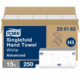 290163 - H3 - Tork Singlefold utierky na ruky 2-vr, 15 x 250 ks, celulóza+recykel biela, cena za balenie 3750 ks