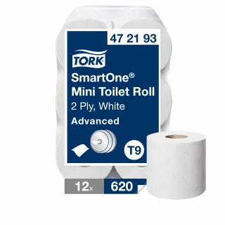 472193 - T9 - Tork SmartOne® Mini toaletný papier v kotúči 2-vr, 111,6 m a 620 útržkov, celulóza +recykel biely, cena za balenie 12 ks