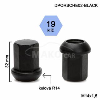 Matice čierne M14x1,5 guľová R14 zatvorená, kľúč 19 (DPORSCHE02) výška 32mm