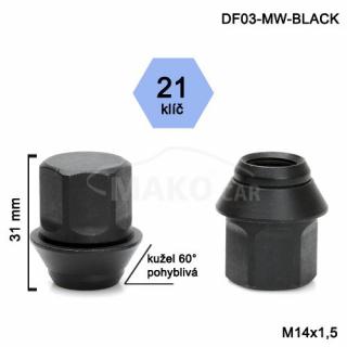 Matice čierne M14x1,5 kužel, pohyblivá, Ford, kľúč 21(DF03-MW) výška 31mm