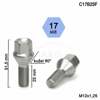 Skrutka M12x1,25x25 kužeľ, klľúč 17, výška 51,5mm