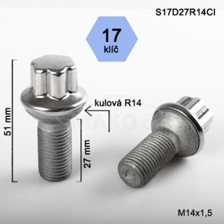 Skrutka M14x1,5x27 guľová R14, kľúč 17 (S17D27R14G) výška 46,5mm