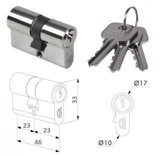 3012-46-STD-VCA LOCINOX® cylindrická vložka EURO 23/23mm, niklová, 3 kľúče, skrutka M5x65mm (vložka cylindrická )