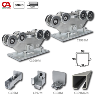 C Set-M/Zn-9 MEDIO samonosný systém 98x98x5mm posuvnej brány do 500kg/8,5m otvor (C399M/ Zn 1x6m pozinkovaný profil, C3999M 2ks, C396M 1ks, C397M 1ks, C398M 1ks), intenzívna prevádzka (C Set-M/Zn-9)