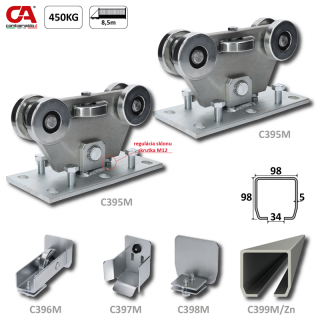 C Set-M/Zn-K MEDIO-Klasik samonosný systém 98x98x5mm posuvnej brány do 450kg/8,5m otvor (C399M/ Zn 1x6m pozinkovaný profil, C395M KLASIK 2ks, C396M 1ks, C397M, C398M 1ks), bežná prevádzka (do 8,5 m /450kg  )