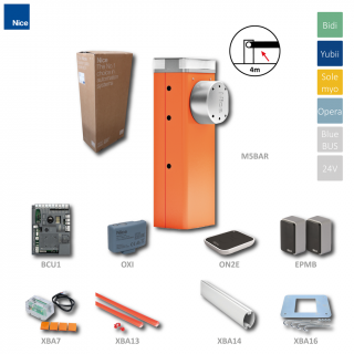 NICE M-BAR KIT automatická závora M5BAR do 4m (24V, 120W, 200Nm) s elektronikou XBA3, 1x XBA14, 1x XBA13, 1x OXIBD, 1x ON2E, 1pár EPMB, 1x XBA7, (do 4m)