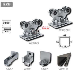 Set-P-Kombi II - PICCOLO-Kombinovaný (Nerez/Pozink) samonosný systém 67x67x3mm pre posuvné brány do 200kg/4,5m otvor (C399P-IX 1x6m nerezový profil, W395P.F2 2ks, C397P 1ks, C396P 1ks, C398P 1ks) (Kombinovaný (Nerez/Pozink) samonosný systém)