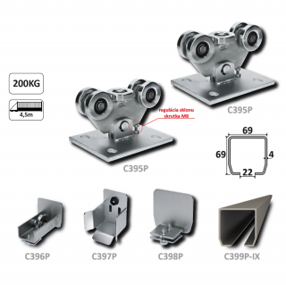 Set-P-Kombi - PICCOLO-Kombinovaný (Nerez/Pozink) samonosný systém 67x67x3mm pre posuvné brány do 200kg/4,5m otvor (C399P-IX 1x6m nerezový profil, C395P 2ks, C397P 1ks, C396P 1ks, C398P 1ks) (Kombinovaný (Nerez/Pozink) samonosný systém)