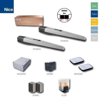 TOO4024BDKCE - do 3m / krídlo, 2x TO4024 (24V, 120W, 1800N), 1x MC824H, 2x ON3EBD, 1x OXIBD, 1 pár EPMB, 1x ELDC (NICE Toonakit- K  24V - sada pre dvojkrídlovú bránu do 6 m/ 3 m krídlo)