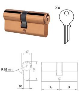 VL50 cylindrická vložka 25x25mm, mosadzná, 3 kľúče, skrutka M5x65mm, A=25mm, B=25mm