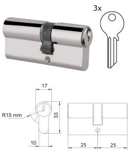 VL50N cylindrická vložka 25x25mm, nikel-satina, 3 kľúče, skrutka M5x65mm, A=25mm, B=25mm