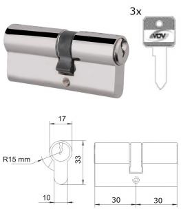 VL60VDV cylindrická vložka 30x30mm, nikel satina, 3 kľúče, skrutka M5x65mm (vložka cylindrická)