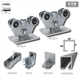 W Set60/Zn-F samonosný systém 60x60x4mm posuvnej brány do 150kg/4m otvor (W39/60Zn 6m pozinkovaný profil, 1x W-SET60F) ( systém do 4 m/150kg )