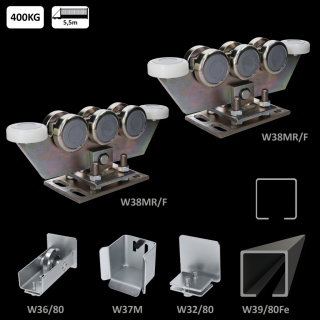 W Set80/Fe-8  (80x80x5mm) do 5,5m/400kg (samonosný systém 80x80x5mm posuvnej brány do 400kg/5,5m otvor (W39/80Fe 6m čierný profil, 2x W38MR/ F, 1x W36/80, 1x W37/ M, 1x W32/80))