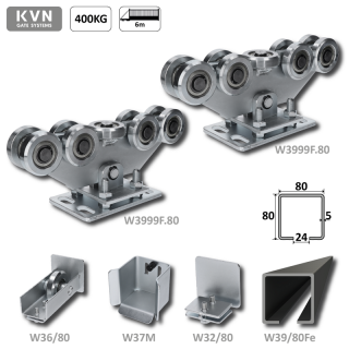 W Set80/Fe-9 - samonosný systém 80x80x5mm posuvnej brány do 400kg/7m otvor (W39/80Zn 6m pozinkovaný profil, 2x W3910F.80, 1x W36/80, 1x W37M, 1x W32/80)