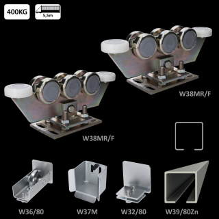 W Set80/Zn-8  samonosný systém 80x80x5mm posuvnej brány do 400kg/5,5m otvor (W39/80Zn 6m pozinkovaný profil, 2x W38MR/ F, 1x W36/80, 1x W37/ M, 1x W32/80)