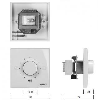 AMC VC 60RX - Regulátor hlasitosti 60 W/100 V. Hlasitosť sa riadi v 10 krokoch + poloha „0“. Regulátor má 24 V relé určené pre spínanie prioritných hlásení (nútený povel)