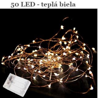 LED - batériová reťaz 50 LED tep.biela - meď kábel LK-114W