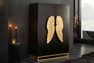 Barová skrinka ANGEL WINGS (Barová skrinka z masívu a kovu čierna/zlatá 140cm.)