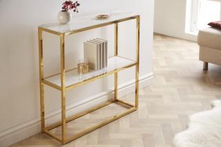 Konzola MARWA GOLD II (Konzolový stolík zo skla a kovu biely/zlatý 80cm.)