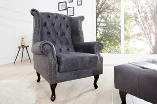 Kreslo CHESTERFIELD OLD GREY (Kráľovské kreslo v staroanglickom štýle vintage šedé.)