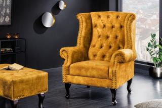 Kreslo CHESTERFIELD OLD MUSTARD (Kráľovské kreslo v staroanglickom štýle tmavožlté.)