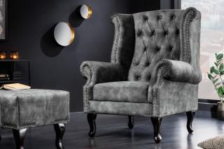 Kreslo Chesterfield Old Vintage Gray (Kráľovské kreslo v staroanglickom štýle vintage šedé.)