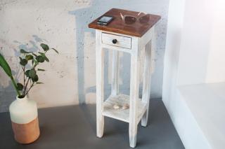 Malý stolík HEMINGWAY OLD WHITE II (Exotický stolík z mahagónu so zásuvkou 75cm.)