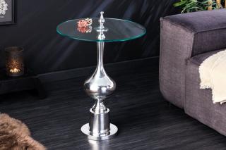 Stolík MARATEA SILVER (Dizajnový stolík zo skla a kovu strieborný 65cm.)