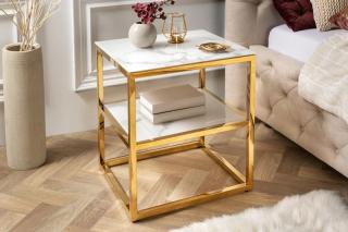 Stolík MARWA GOLD SMALL (Malý stolík zo skla a kovu biely/zlatý 51cm.)