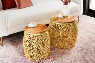 Stolíky LEAF SET WOOD (Sada stolíkov z kovu a dreva zlaté.)
