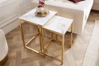 Stolíky MARWA GOLD SET (Sada stolíkov zo skla a kovu biela/zlatá.)
